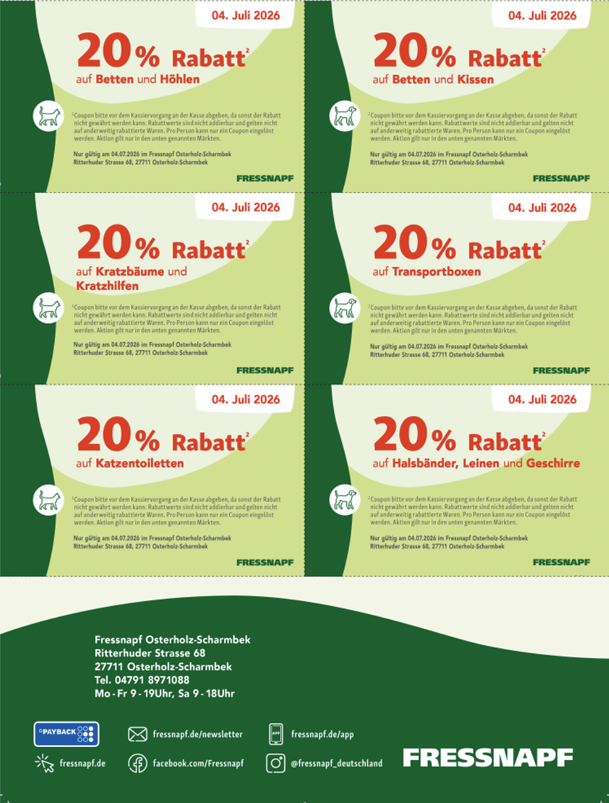 Fressnapf Sommerfest-Coupons: 20% Rabatt auf Betten und Höhlen, Betten und Kissen, Kratzbäume und Kratzhilfen, Transportboxen, Katzentoiletten sowie Halsbänder, Leinen und Geschirre – nur am 04. Juli 2026